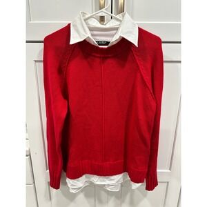 Lauren Ralph Lauren Red Cotton Blend Sweater with White Collar Layered M